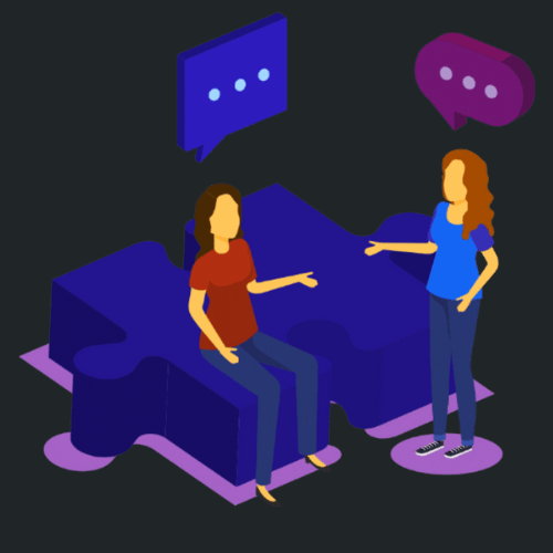 dessin de deux femmes discutant, assise sur une pièce de puzzle, le symbole de Compositech