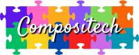 Logo de l'association Compositech. Il s'agit d'une illustration composée de 12 pièces de puzzle de couleurs différentes emboîtées les unes dans les autres sur 2 lignes, avec le texte "Compositech" écrit par-dessus dans une police cursive.